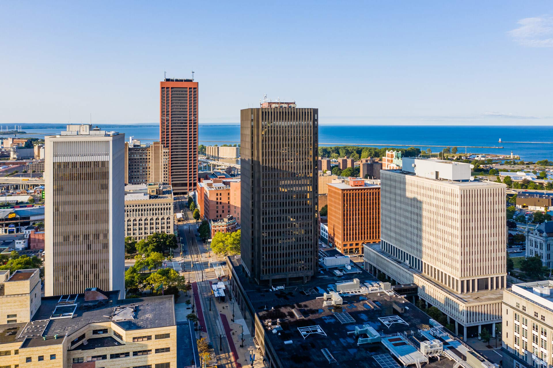 Aerial view of Main Place Tower - Premier tech office space in Buffalo, NY